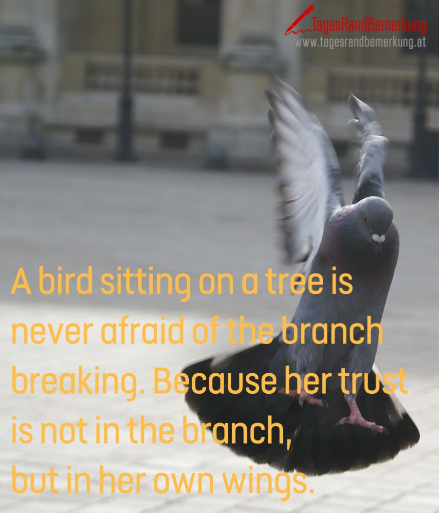 A bird sitting on a tree is never afraid of the branch breaking. Because her trust is not in the branch, but in her own wings.